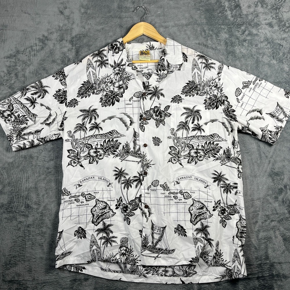 Winnie Fashion Hawaiian Shirt Mens 2XL White Black Tropical Island Camp Collar